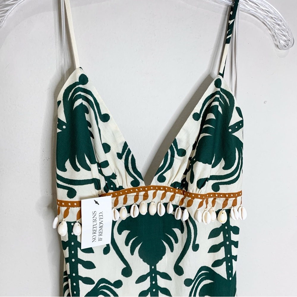 NEW Johanna Ortiz Keeper Maxi Dress (Sz 2) Shell Trim Cotton Poplin Ecru Green - Picture 8 of 16